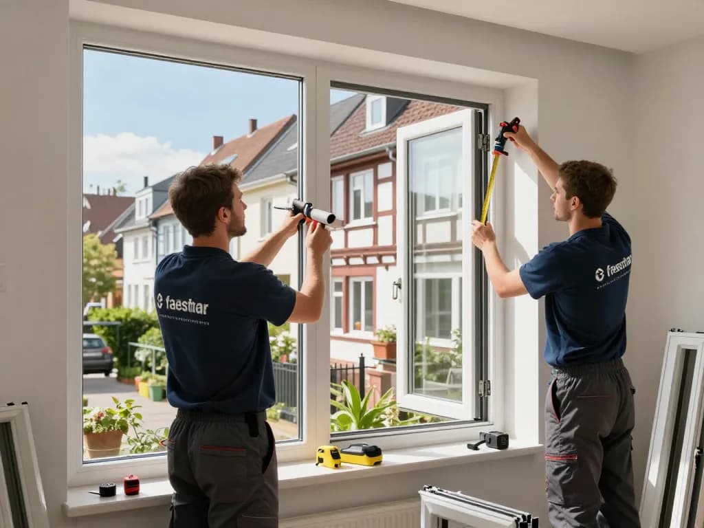 Professionelles Fensterbau Düsseldorf Team installiert hochwertige Fenster in einem modernen Wohnumfeld, umgeben von Werkzeugen und Materialien.