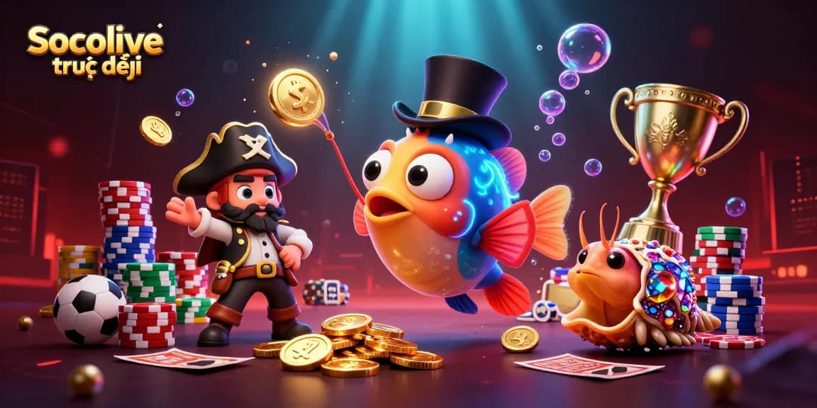 Socolive trực tiếp showcases dynamic sports betting with a colorful anglerfish, pirate shrimp, and treasure snail.