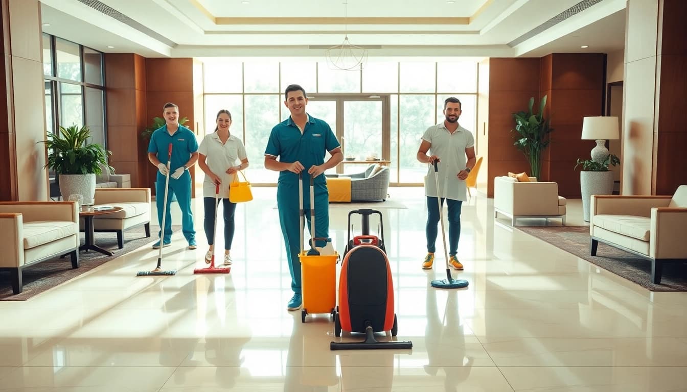 Effiziente hotelreinigung durch professionelles Team in einem eleganten Hotel Lobby.