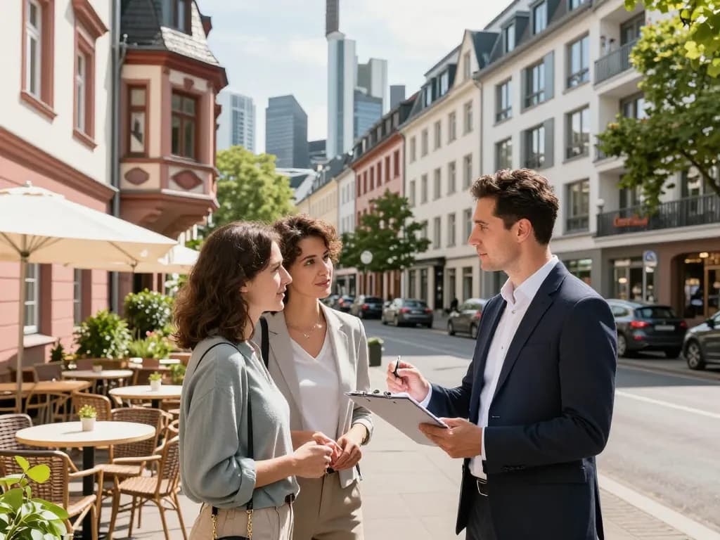 Immobilienmakler diskutiert Optionen in Frankfurt Dornbusch und zeigt urbanes Wohnen mit lebhaften Immobilienoptionen.