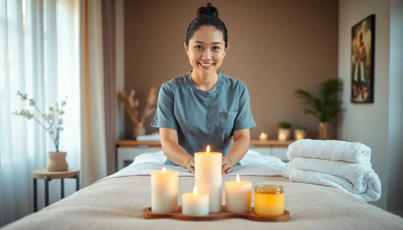 전문 치료사가 차분한 가정 방문 세션을 준비하는 프리미엄 평택출장마사지 체험.