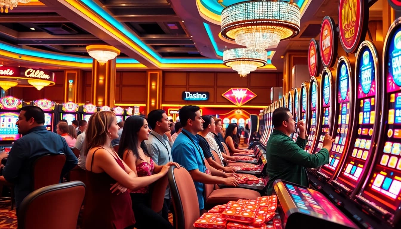 Casinospielen erleben bei aufregenden Slotmaschinen in einem eleganten Casino.