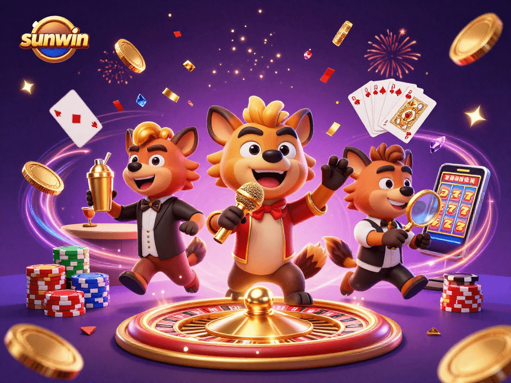 Engage with sunwin's lively casino scene featuring hyena characters, vibrant games, and sparkling elements.