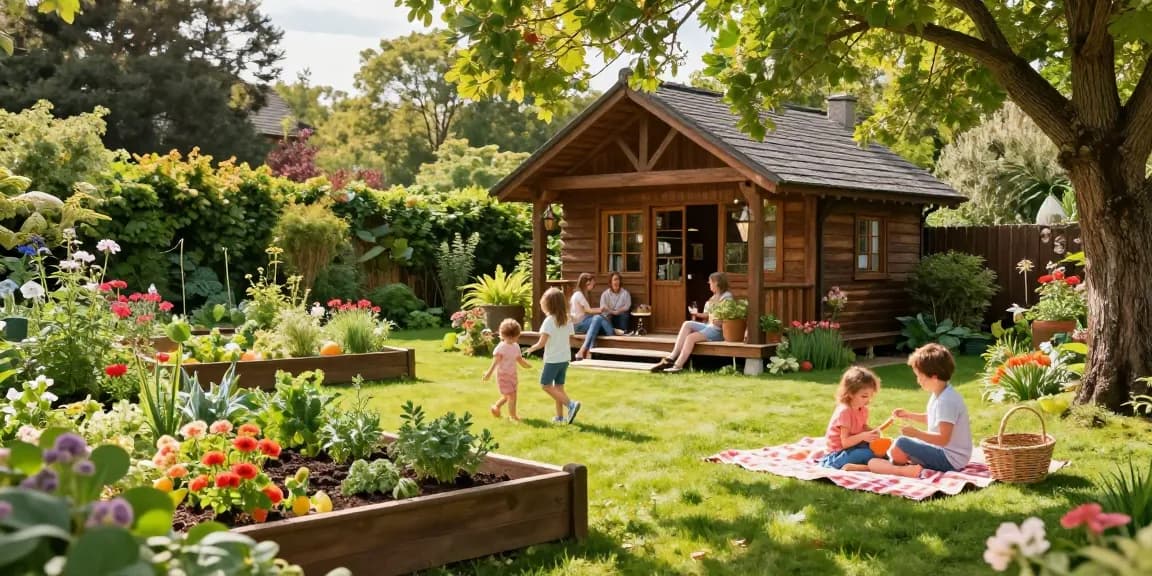 Garten Haus in idyllischer Umgebung mit Familie, die im Garten entspannt.