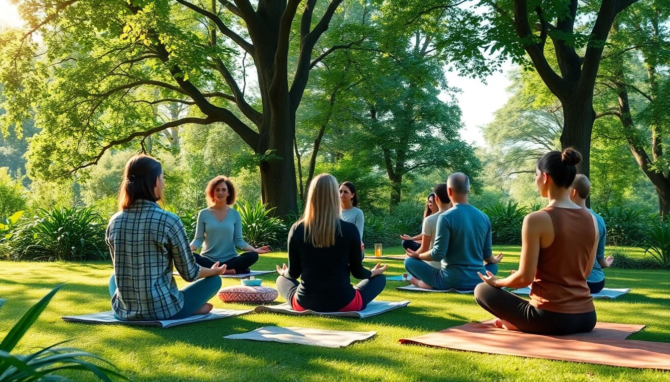 Inspire your journey with Spirituelle Seminare as participants engage in a group meditation in nature.