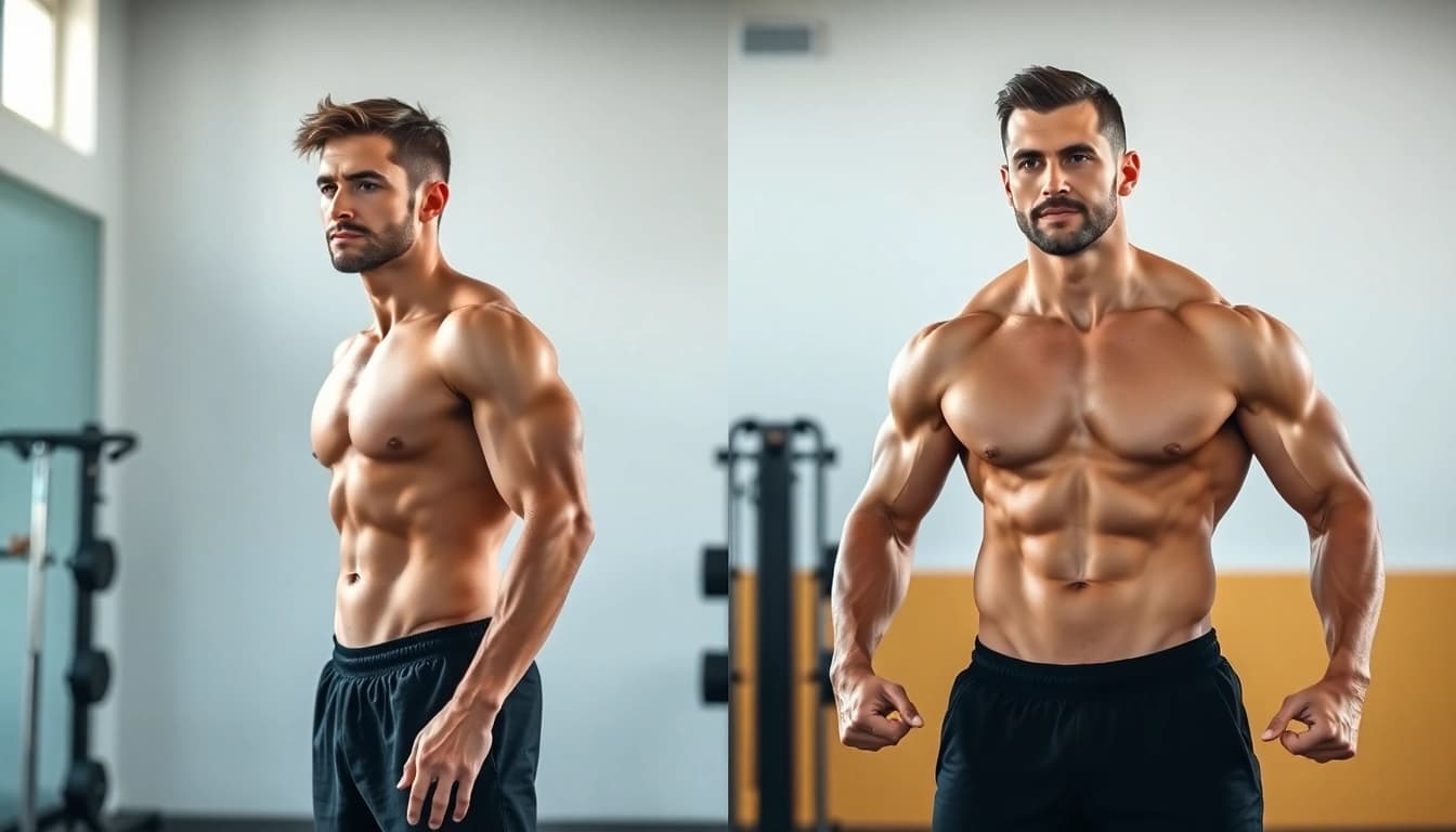 Testo vorher nachher mit beeindruckender Transformation einer männlichen Fitnessfigur im Vergleich.
