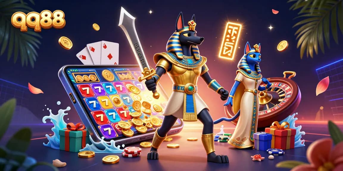 Experience the thrill of qq88 with an ultra-detailed scene featuring an Egyptian warrior, slot games, and dazzling casino elements.