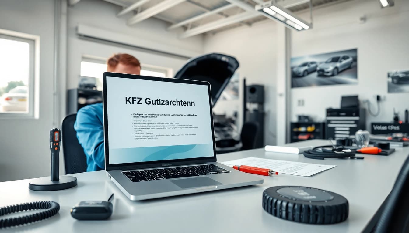 Kfz Gutachten Düsseldorf - Professional inspection of a vehicle at a desk, showcasing trust and expertise.