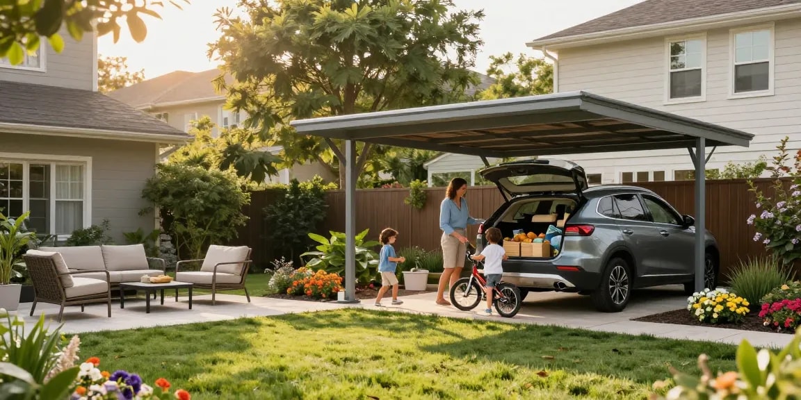 Moderne Carport-Szene mit Familie und Garten, Kinder spielen.