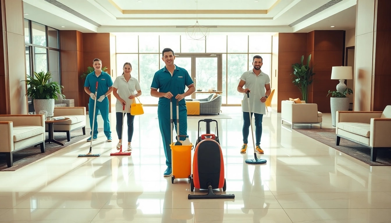 Effiziente hotelreinigung durch professionelles Team in einem eleganten Hotel Lobby.