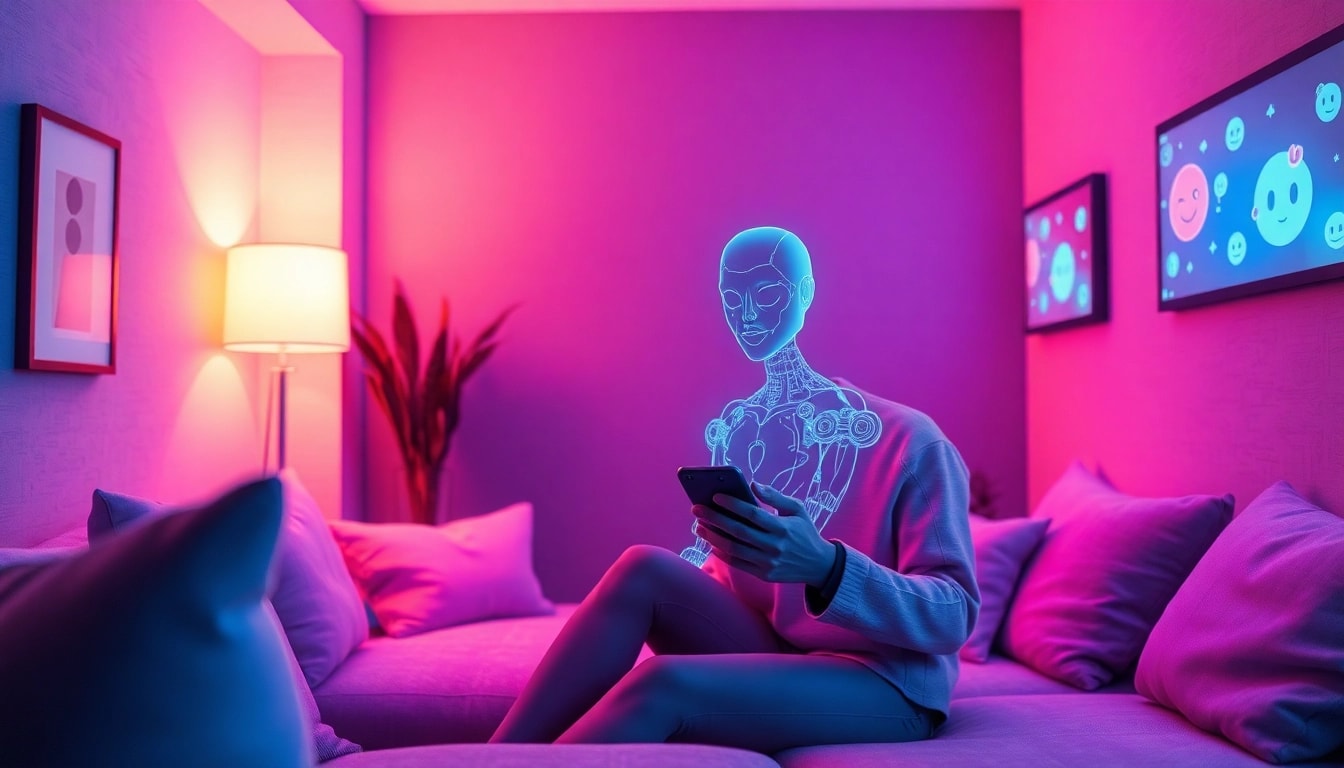 Engaging in ai sexting with a holographic AI chatbot in a cozy, ambient room setting.