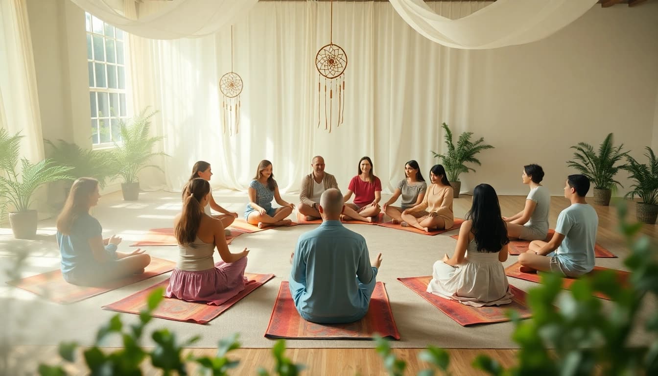 Teilnehmer an Spirituelle Seminare in harmonischer Veranstaltung, fokussiert auf Zufriedenheit und Achtsamkeit.
