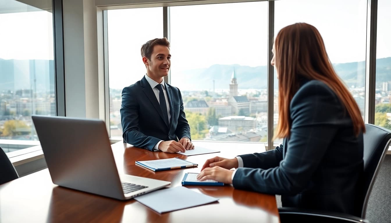 Headhunter Schweiz führt ein Gespräch in einem modernen Büro.