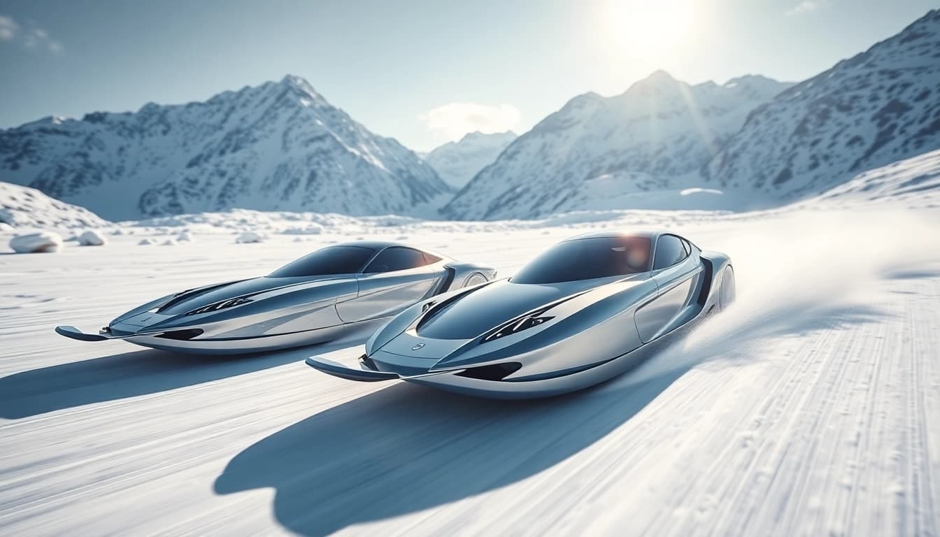 Fahren mit Auto Kufen in einer schneebedeckten Landschaft, perfekt glanzend und bereit für Abenteuer.