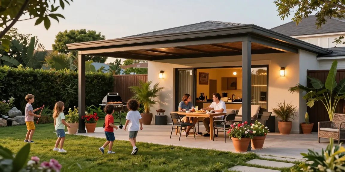 Die freistehende Terrassenüberdachung bietet perfekten Schutz im Garten, während Familie und Freunde den Tag genießen.