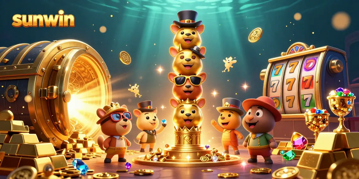 Experience the excitement of sunwin with a vibrant 3D casino scene showcasing gold treasures and slot elements.