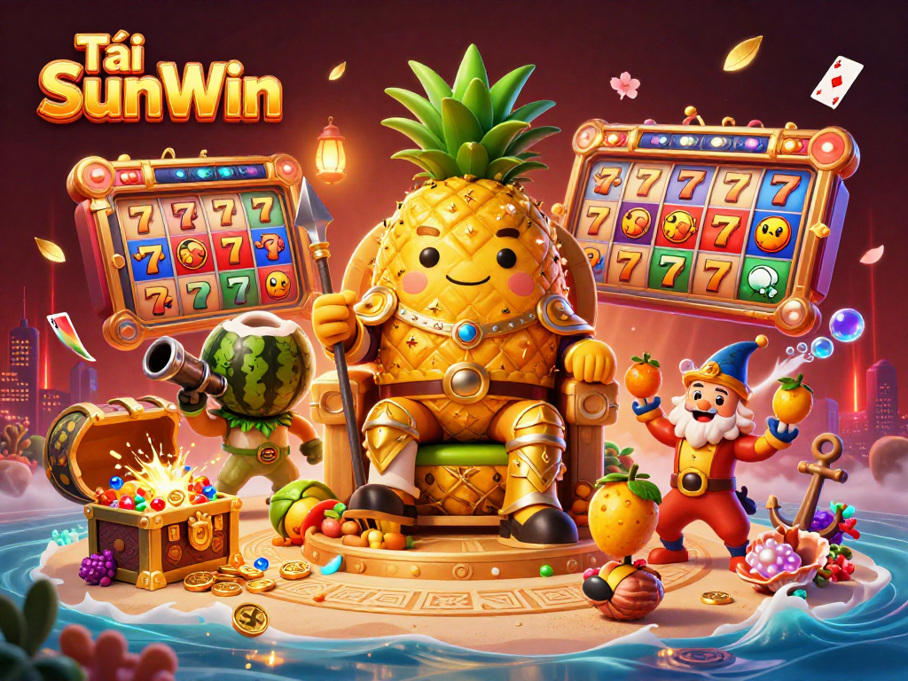 Tải SunWin illustrates a vibrant beach casino scene with a golden pineapple king amidst lively slot reels and colorful treasures.