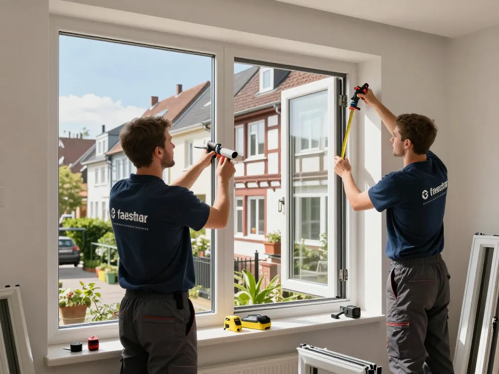 Professionelles Fensterbau Düsseldorf Team installiert hochwertige Fenster in einem modernen Wohnumfeld, umgeben von Werkzeugen und Materialien.