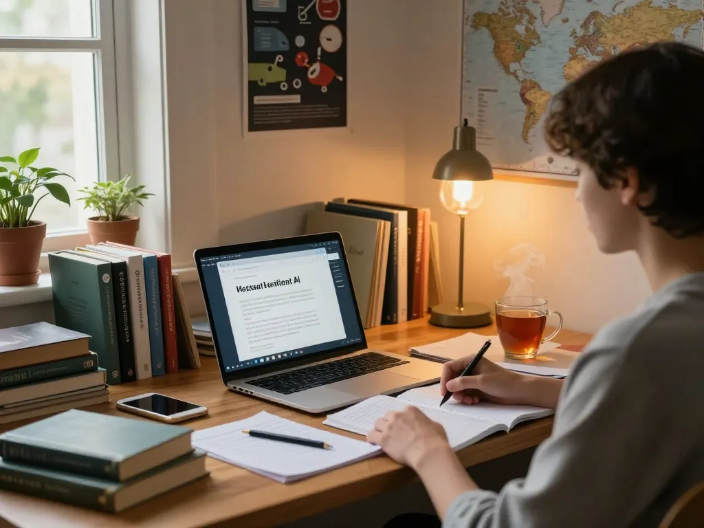 Student nutzt Hausaufgaben KI kostenlos auf Laptop in gemütlichem Arbeitszimmer.