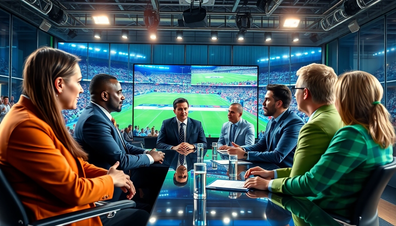 Sports Broadcasting analysts engage in discussion within a vibrant studio setting.