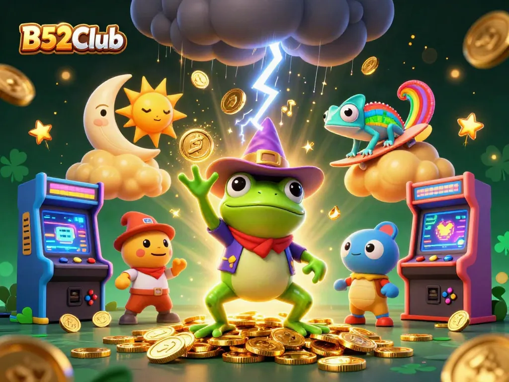 Experience the magic of B52Club as the weather wizard frog spins golden coins amid colorful gaming elements.
