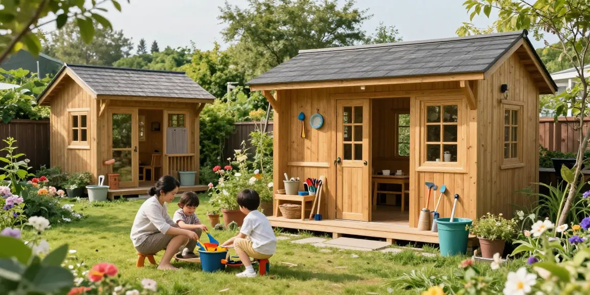 Gartenhäuser in schöner Gartenlandschaft mit spielenden Kindern und fröhlicher Familie