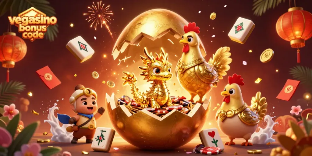 Claim your Vegasino bonus code amid an exciting scene filled with gaming elements and golden treasures.