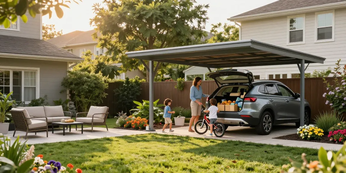 Moderne Carport-Szene mit Familie und Garten, Kinder spielen.