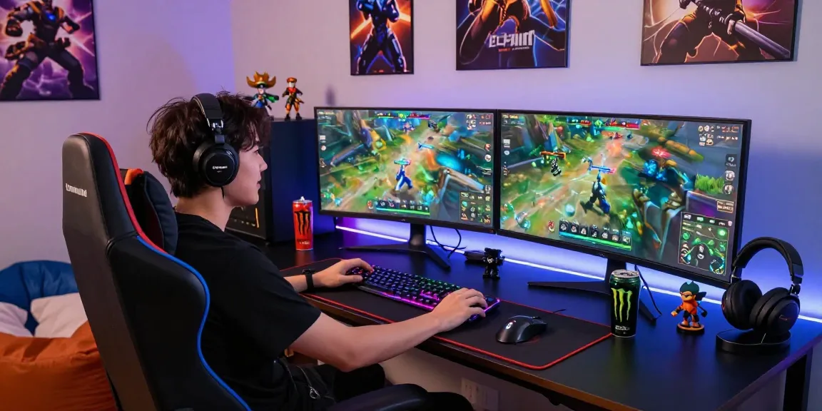 Gamer engaged with FAFA 828 game setup featuring dynamic screens and vibrant accessories.