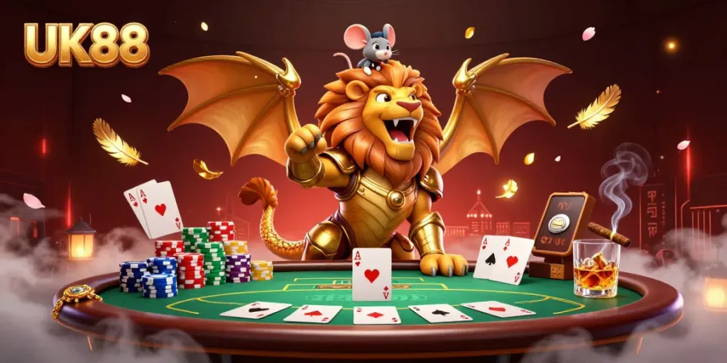 Experience the excitement of UK88 with a triumphant chimera and poker elements in an engaging casino atmosphere.