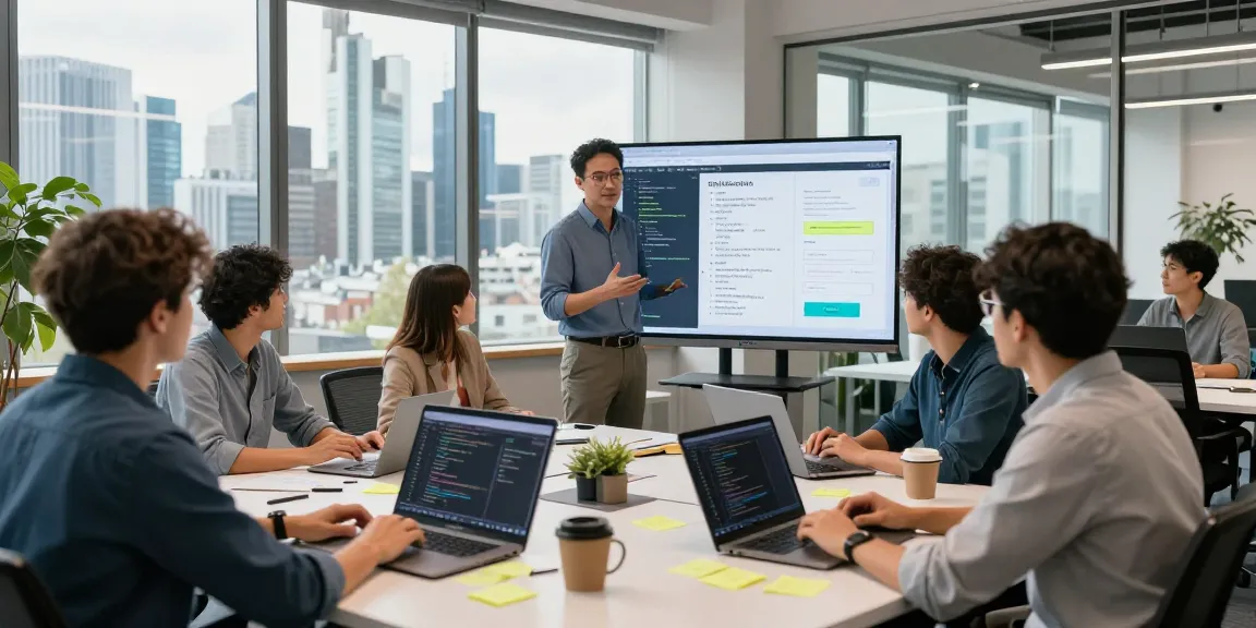 IT-Service Frankfurt: IT-Profis arbeiten zusammen in modernem Büroraum, fokussiert auf innovative Softwarelösungen.