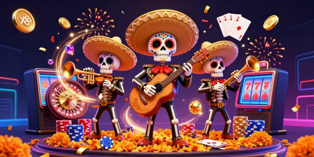 Experience the vibrant Xo88 experience with a Day of the Dead mariachi band amidst cascading coins and slot machines.