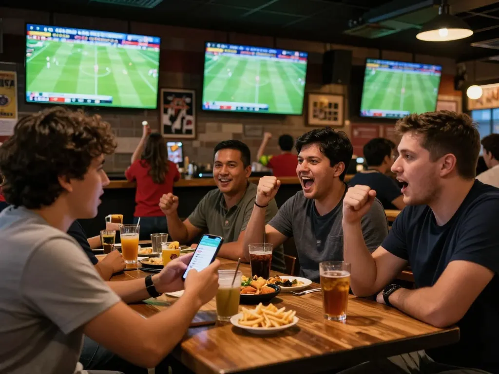 Kèo bóng đá trực tuyến action with sports fans cheering and using betting apps during a live match