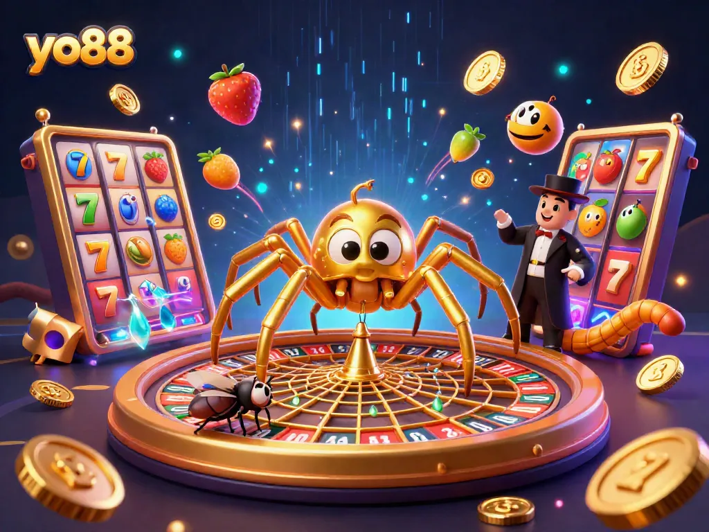 Join the thrill at yo88 with a golden spider spinning a roulette web and vibrant slot game elements.