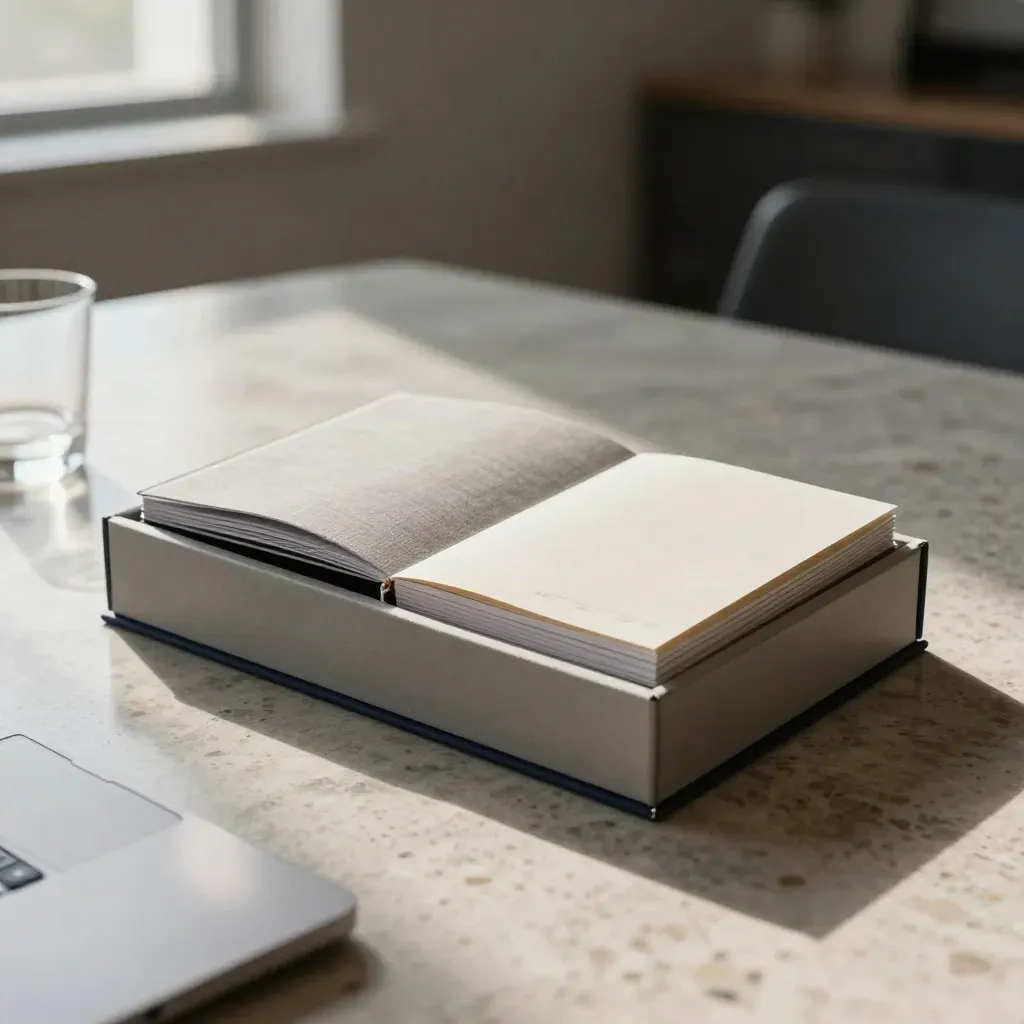 Firmenprofil-Bundle in Archivschale auf Konferenztisch, mit Vergleichsheften und Lead-Insert.