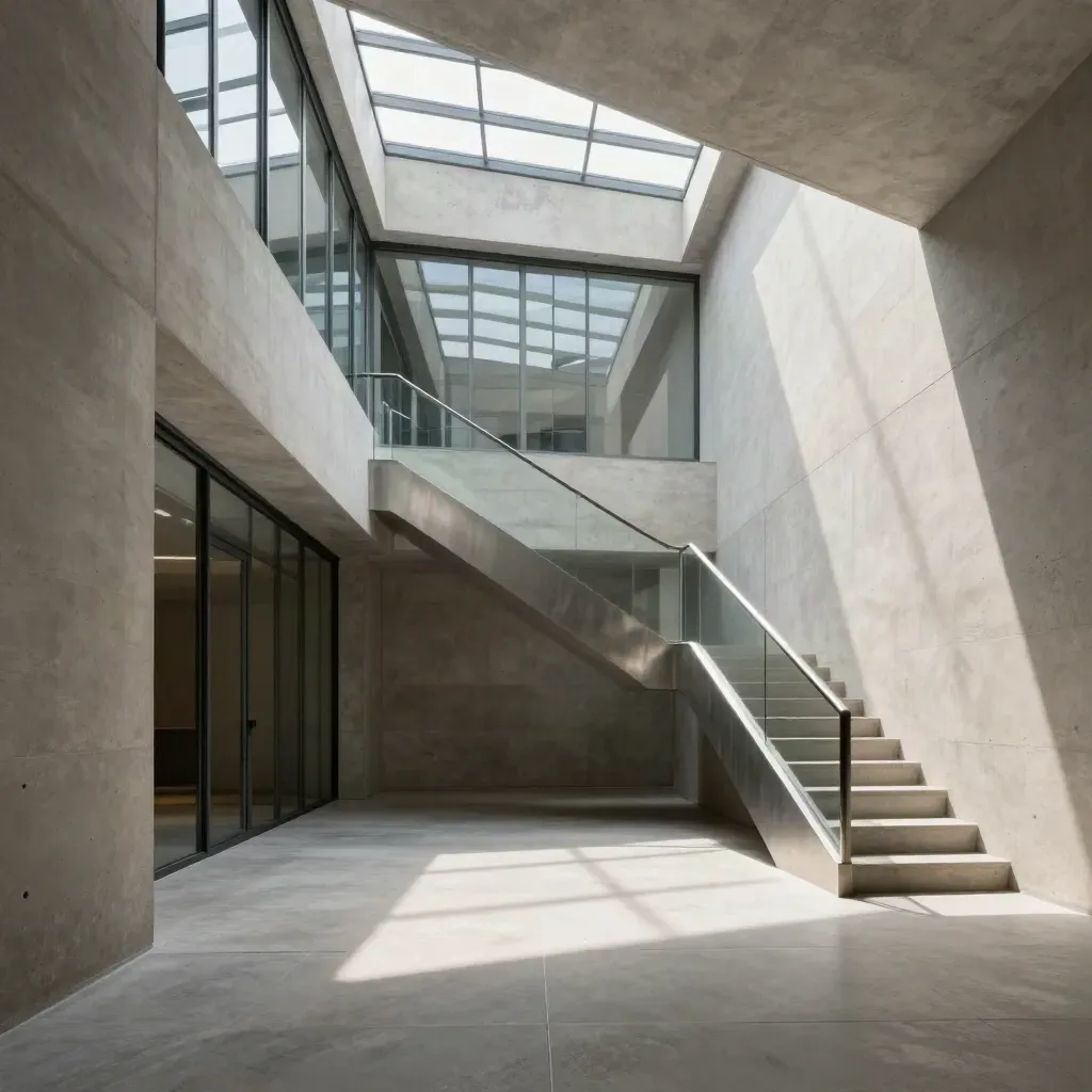 Helles Atrium aus Beton, Glas und Naturstein mit ruhiger Fläche im unteren Bildteil.