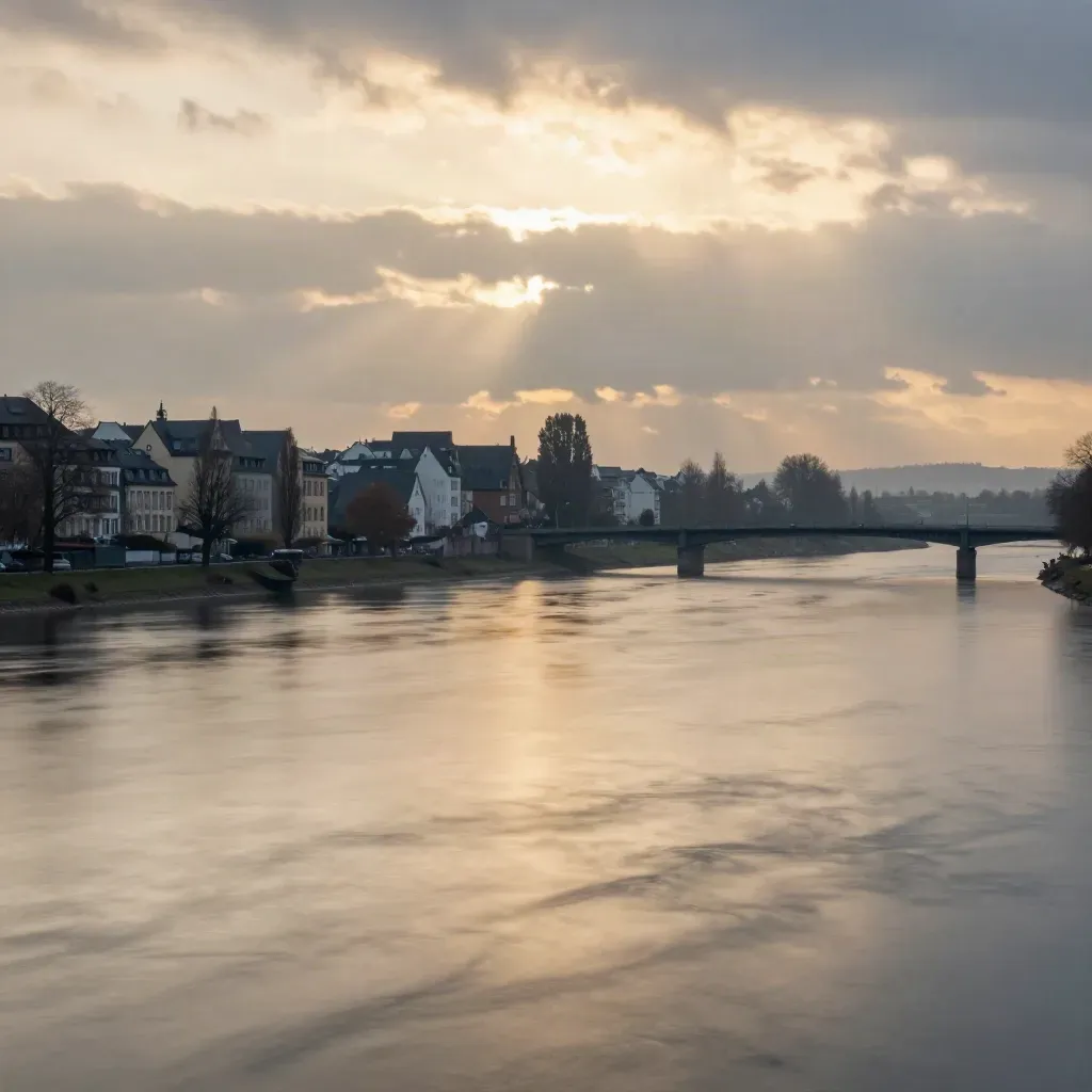 Regenfrische deutsche Uferstadt im Goldlicht mit Brücke und nebligem Flusslauf.