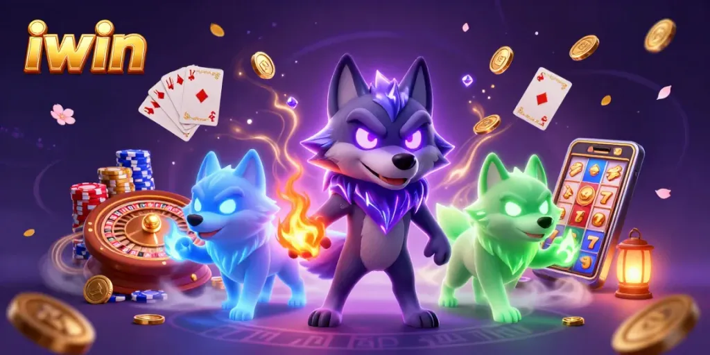 Engage in thrilling gameplay with iwin, featuring 3D wolves amid vibrant casino elements.