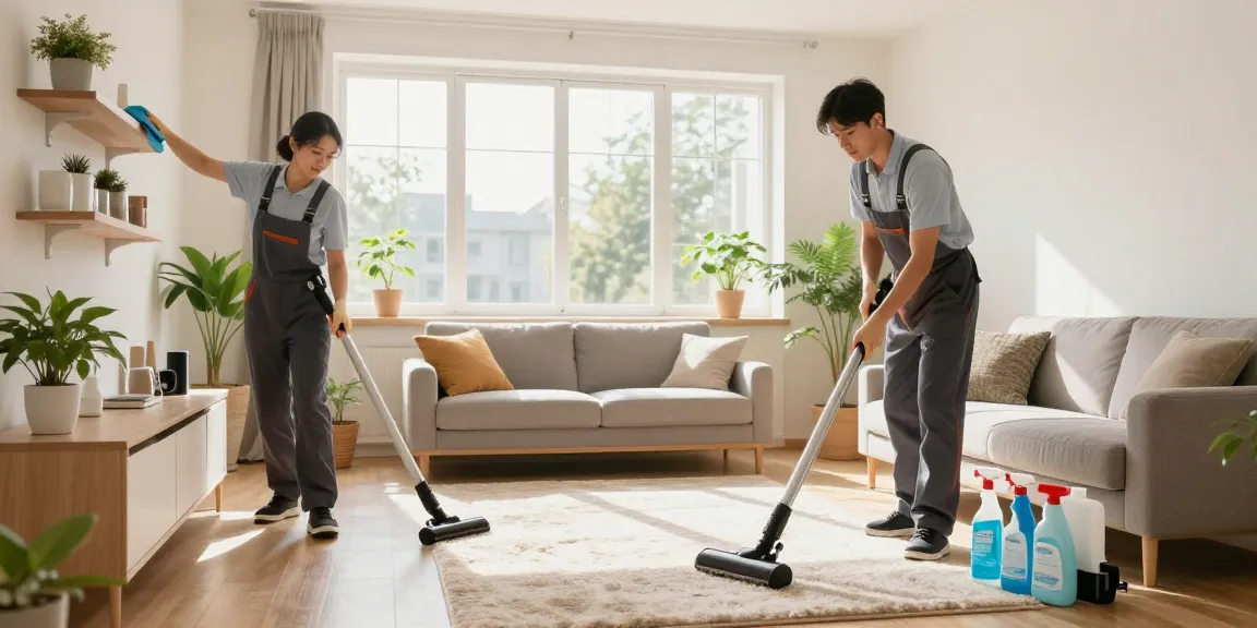 Efficient wohnungsendreinigung in Bern with professional cleaners transforming a living room.