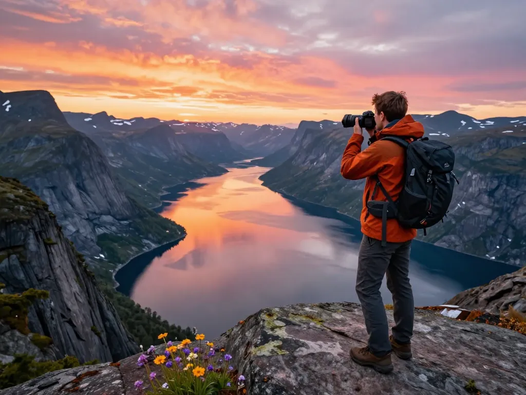 Erkundung atemberaubender Fjorde während eines unvergesslichen Urlaubs in Skandinavien bei Sonnenuntergang.