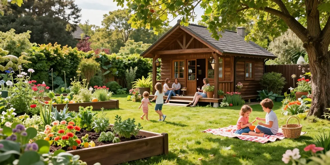 Garten Haus in idyllischer Umgebung mit Familie, die im Garten entspannt.