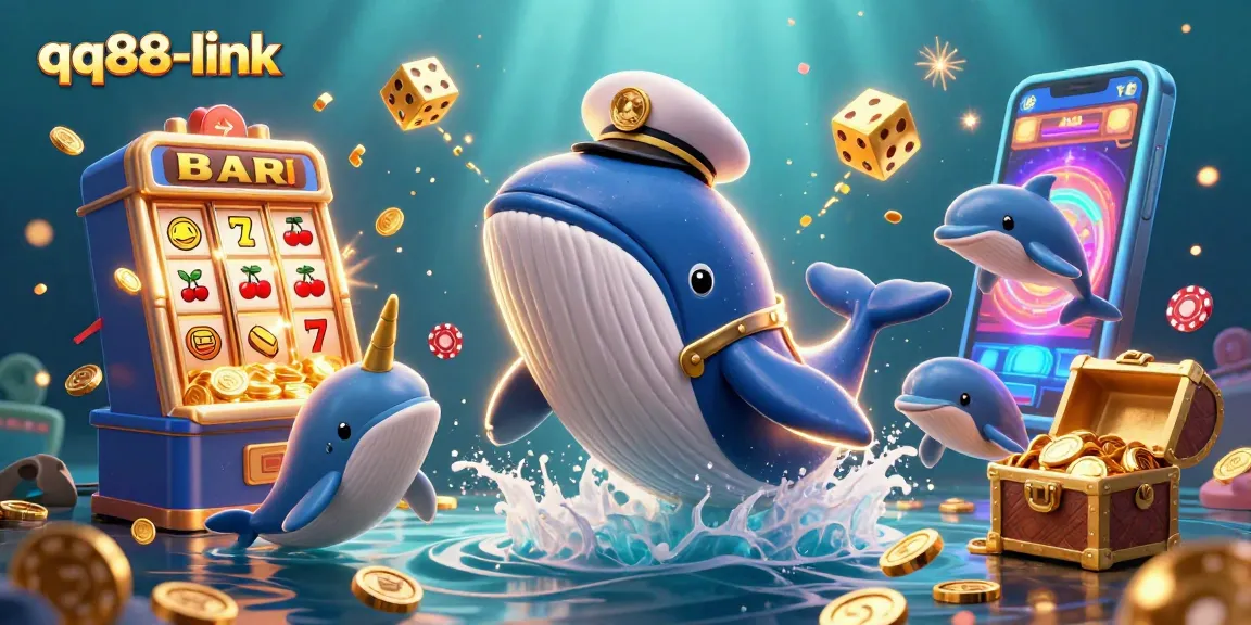 Engage with the thrilling world of qq88-link featuring a lively scene with whales, dolphins, and exciting casino elements.
