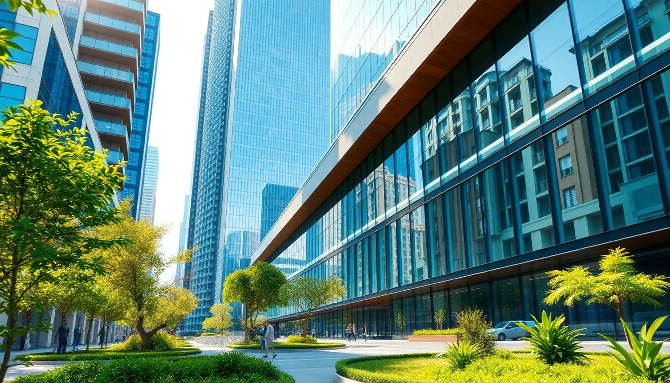 Architekturvisualisierung eines modernen Gebäudes in einer urbanen Umgebung.