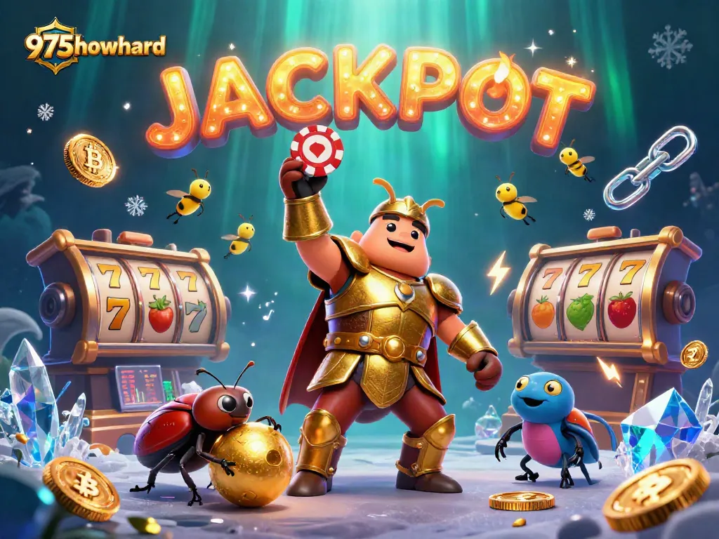 Experience the thrill of 975howard with a heroic beetle celebrating a jackpot in this vibrant casino scene.