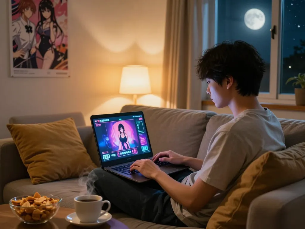 Engaging scene of a person playing sexgames on a laptop in a cozy room, creating an inviting atmosphere.