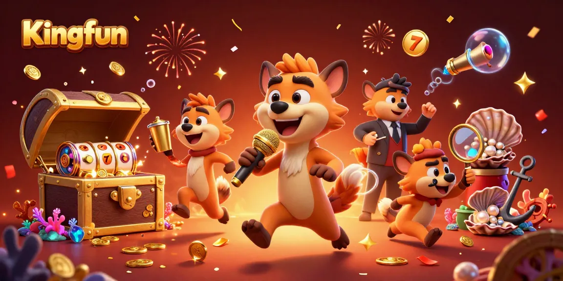 Experience thrilling gaming action at Kingfun's vibrant casino with hyenas, gold coins, and slot reels.