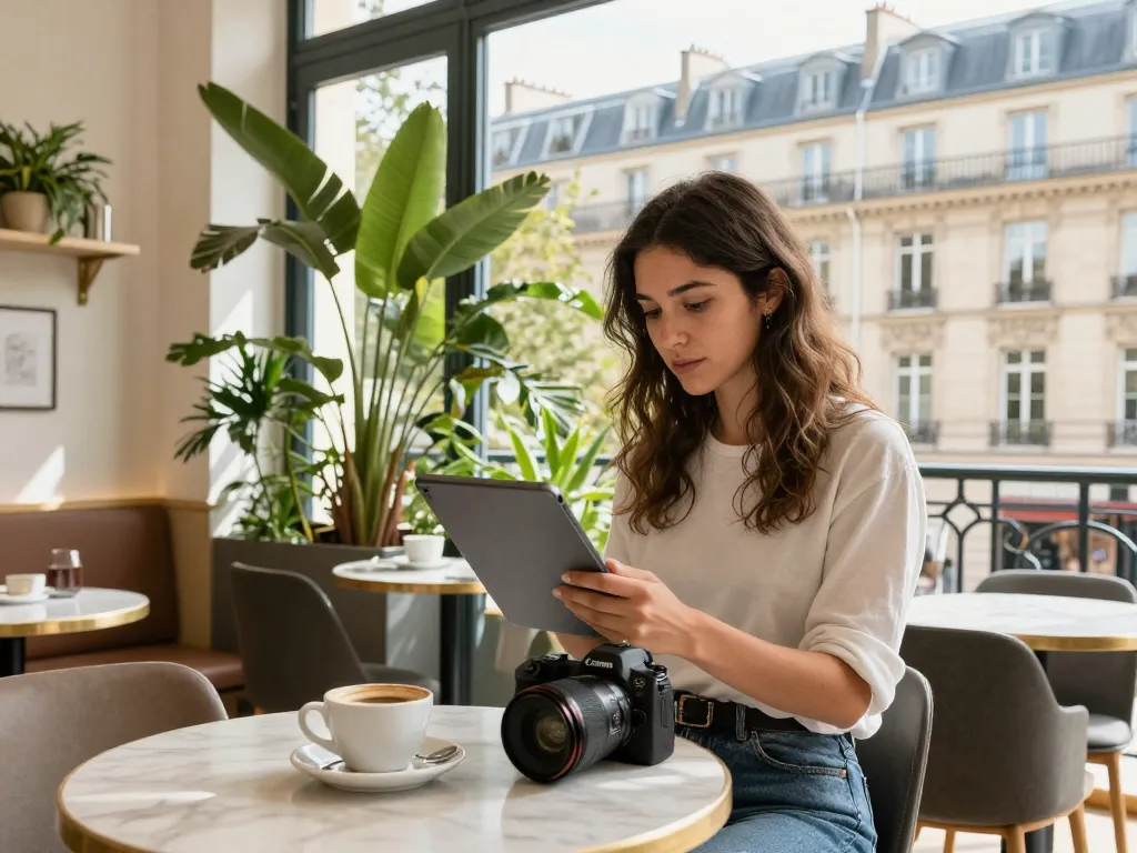 airbnb management paris with a traveler reviewing property strategy in a chic Marais apartment.
