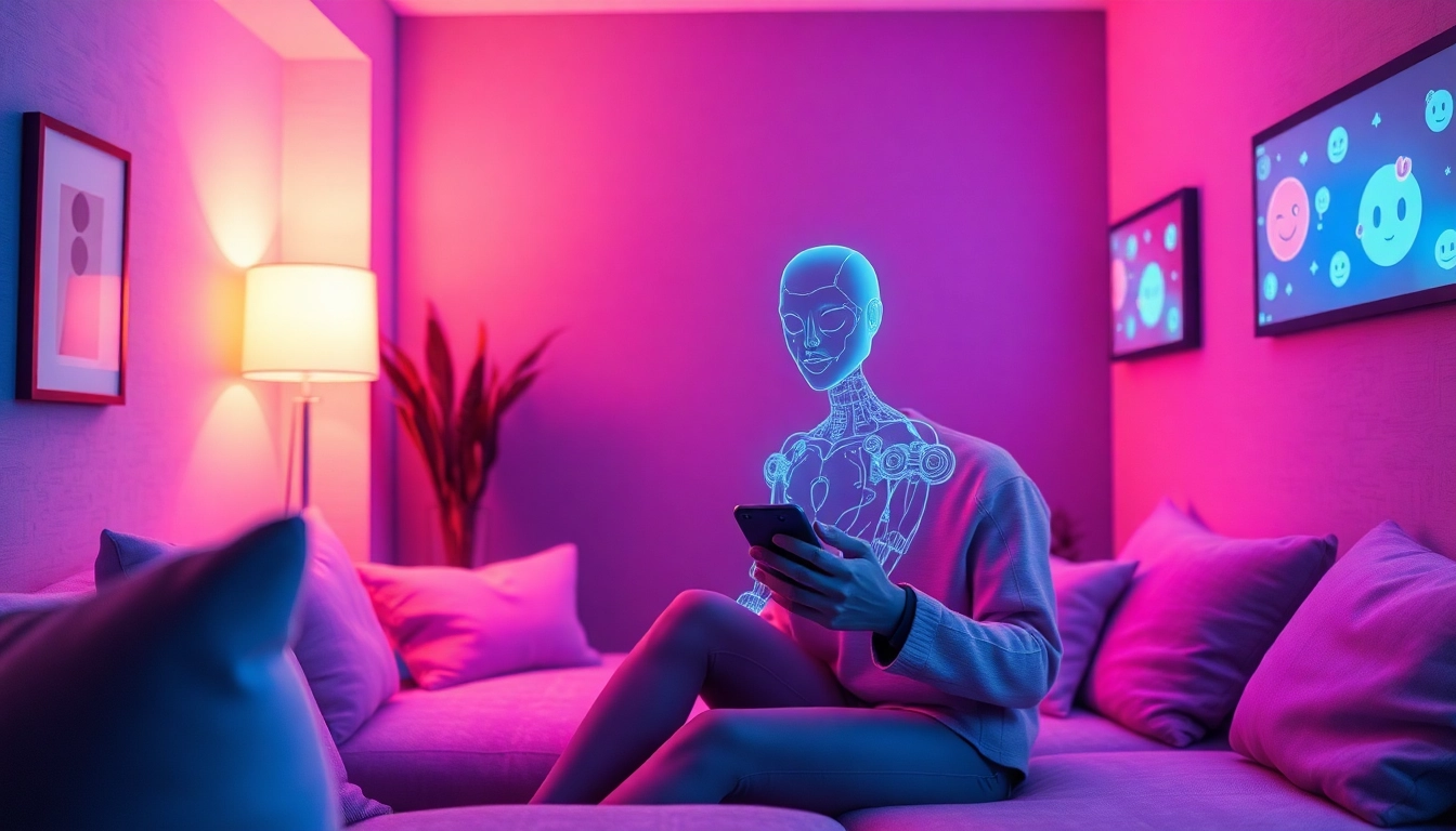 Engaging in ai sexting with a holographic AI chatbot in a cozy, ambient room setting.