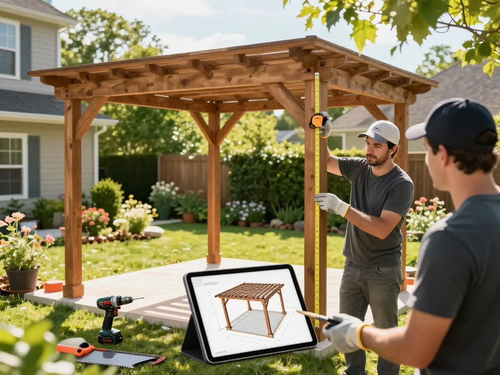 Professioneller Pergola-Installateur verwendet Software für Pergola-Installateure, um das 3D-Design in einem sonnigen Garten anzupassen.