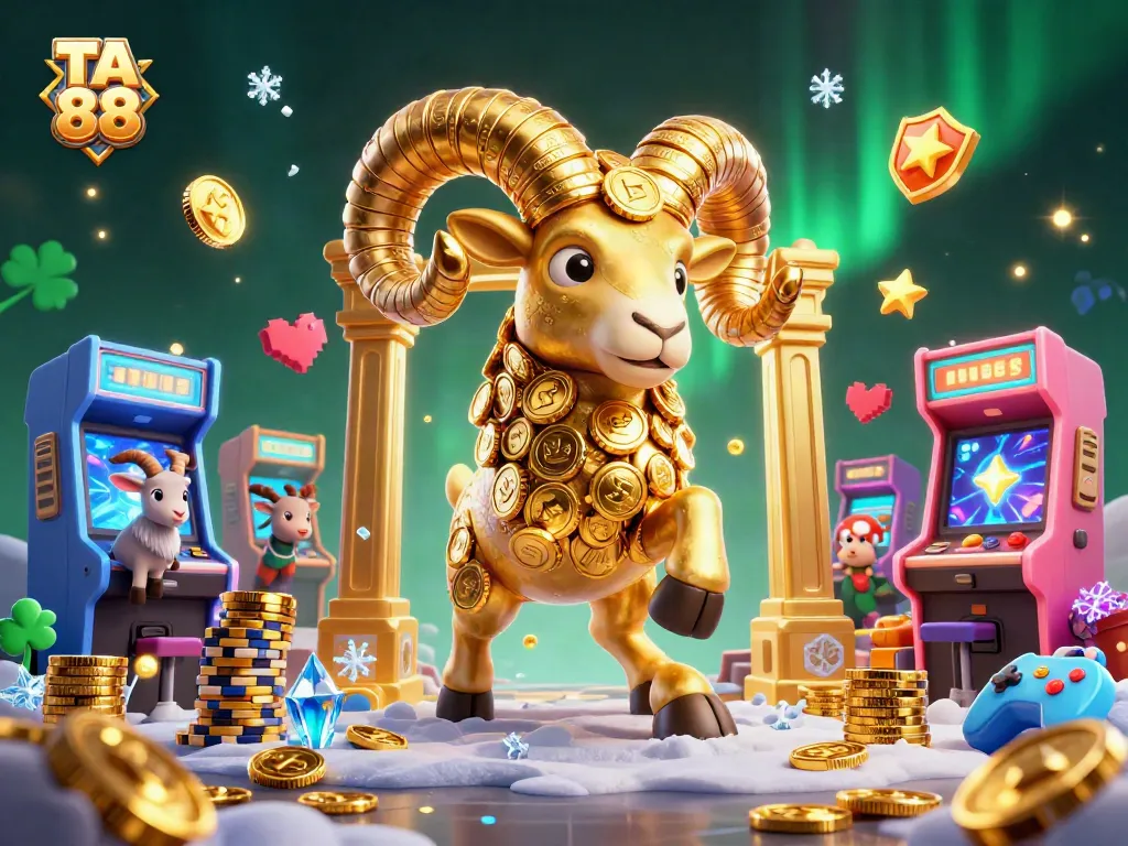 TA 88 brings luck with a golden ram charging through a vibrant casino scene filled with game elements.